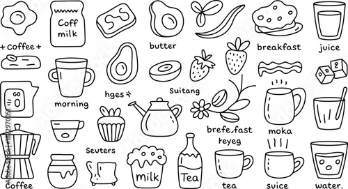 Doodle style breakfast set with food and drinks