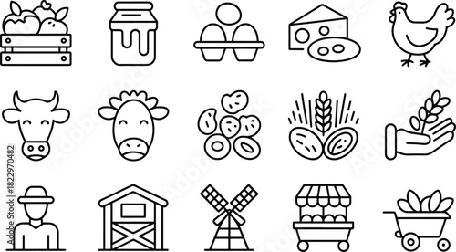 Farm Fresh Produce and Animal Icons Set