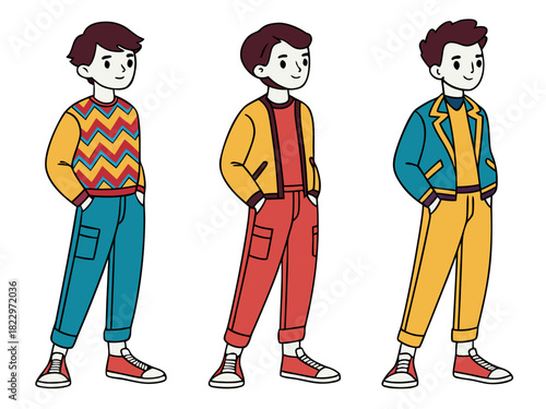 Three confident young men characters in various casual fashion styles standing with hands in pockets, showcasing diverse modern outfits and youthful charm, illustration