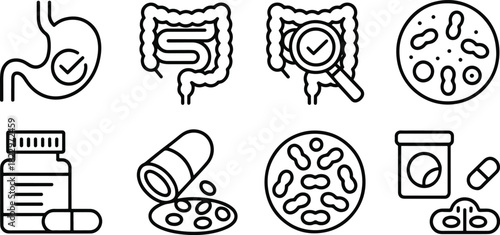 Gut Health Probiotics and Digestion Black Line Icons