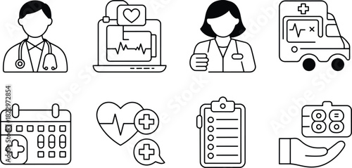 Healthcare icons set in outline style