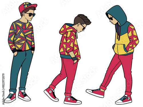 Young men in trendy 90s inspired streetwear with geometric patterns and sunglasses, depicting urban youth fashion, modern lifestyle, and contemporary style with cool attitude illustration.