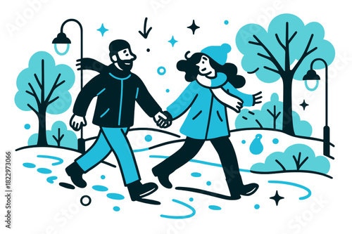 Romantic Winter Stroll. Winter park evening. Couple walking under softly glowing park lights, snow-covered