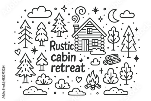 Rustic Cabin Doodle. Rustic cabin retreat. Hand-drawn doodle illustration of Rustic cabin retreat. log cabin,