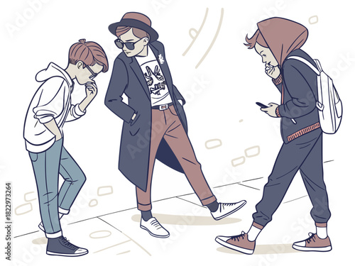 Diverse youth styles in urban setting: one fashionably dressed, one contemplative, and another engaged with a smartphone, representing modern teen life and street culture.
