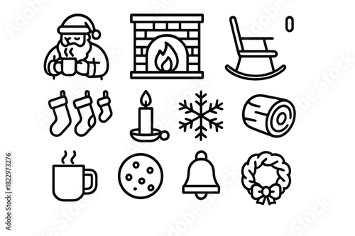 Santa by Fireplace Icons. Santa by the Fire. Line outline icon set of Santa by the Fire: Santa drinking cocoa,
