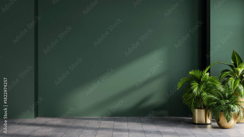 Naklejka premium Minimal modern interior featuring a dark green wall, soft natural sunlight, and lush potted plants in gold containers- 3D rendering