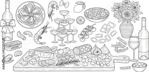 Festive gourmet spread illustration Detailed hand-drawn charcuterie board, fresh seafood, wine, and champagne tower. Perfect for elegant celebration dining