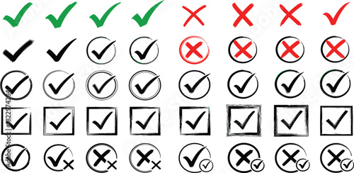 Versatile collection of checkmarks and cross symbols in various styles, ideal for indicating approval, rejection, correct, or incorrect choices in digital interfaces and documents