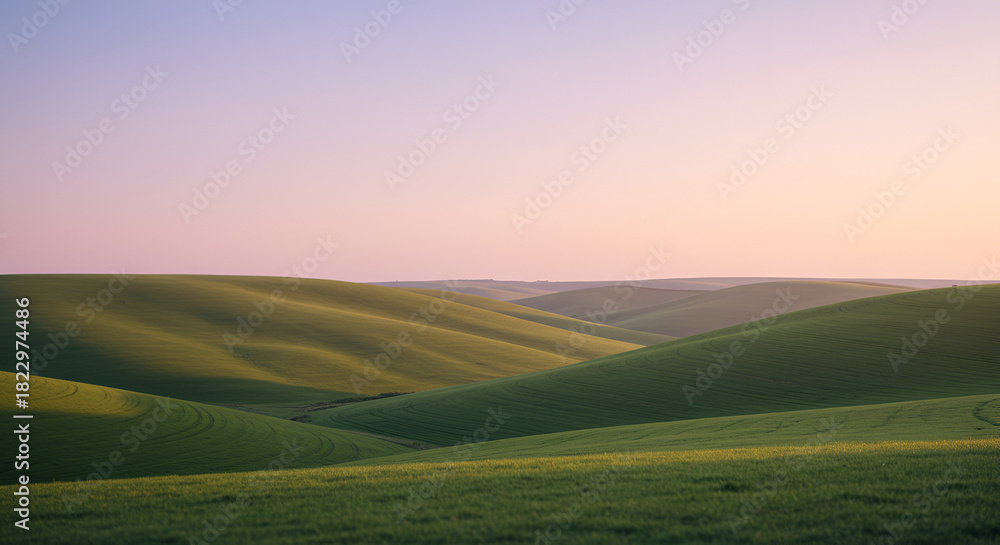 Obraz premium Smooth Rolling Green Hills at Sunset, Peaceful Palouse Landscape in the Evening Light, Soft Pastel Sky Over Undulating Green Terrain, Tranquil Rural Vista in Summer, Minimalist Landscape of Hills and 