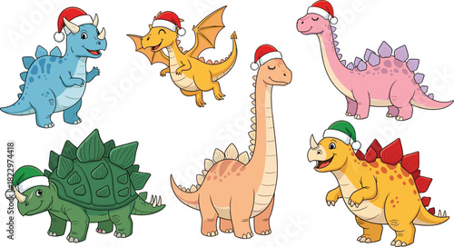 Festive Dinosaurs Whimsical Christmas T-Rex, Stegosaurus, and More in Santa Hats