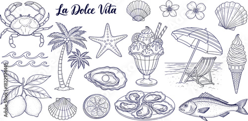 La Dolce Vita collection of hand-drawn summer beach and food icons