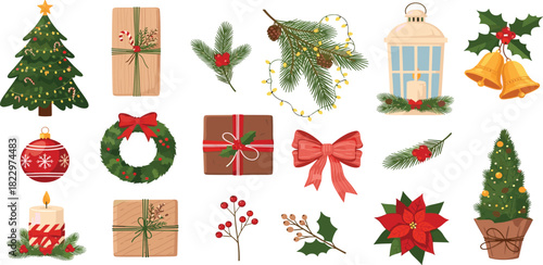 Festive Christmas cheer An array of holiday decorations and gifts vector