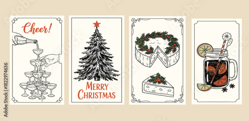 Festive Christmas Delights Champagne Tower, Tree, Cake, and Mulled Wine Illustrations for Holiday Cheer