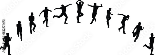 Jump sequence silhouettes, running start, airborne pose, landing stance, black outline, motion arc, biomechanics study, athletic gesture, movement progression, energy burst