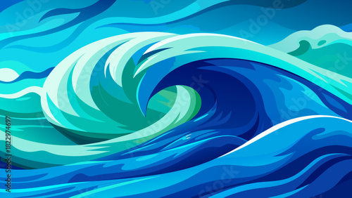 Dynamic ocean wave illustration with a curling crest and vibrant blue water textures. Abstract marine background representing sea power, surfing, and summer nature. High-quality vector art.