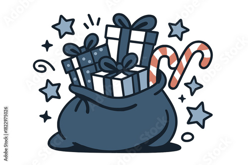 Santa's Gift Overflow. Festive haul. Santa?s bright red bag spilling gifts, candy canes, and sparkling stars,