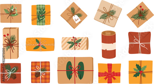 Charming collection of holiday gift boxes, featuring rustic natural decorations, festive ribbons, and assorted patterns, perfect for seasonal celebrations and thoughtful giving