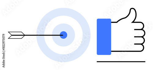 Success concept. Bullseye with arrow and thumb up success and goal achievement. Success in business, motivation, productivity, career growth, and performance improvement