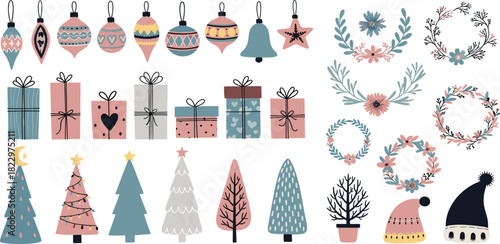 Christmas Holiday Vector Collection Festive Ornaments, Gift Boxes, Stylized Trees, Wreaths, Hats for Seasonal Design and Celebration Projects