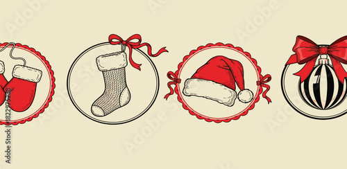 Festive Christmas Icons Mittens, Stocking, Santa Hat & Ornament in Circles