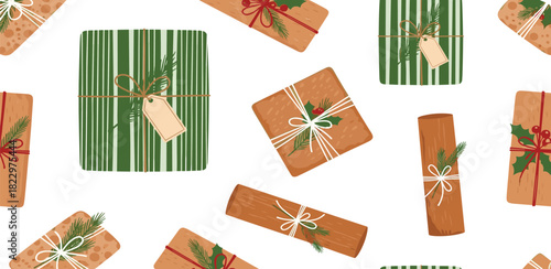 Festive Christmas Gifts Pattern Wrapping Paper Design with Green and Brown Presents