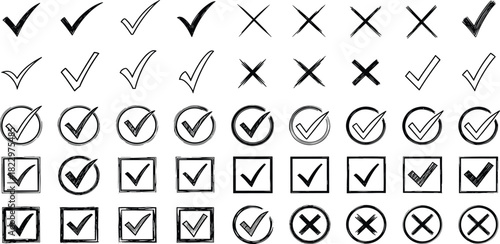 Collection of Check Mark and Cross Icons Vector Illustrations for Design Elements and UI