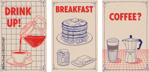 Charming vintage-inspired illustrations capturing the essence of a perfect morning routine, featuring delightful coffee rituals, savory breakfast plates, and refreshing beverage moments