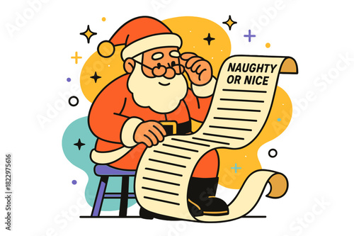 Santa's Naughty or Nice. Santa Reading the Naughty or Nice List. Santa sits with glasses on, carefully