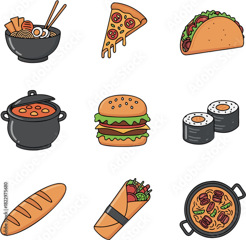 Diverse set of popular international food dishes and meals