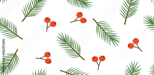Festive Holiday Season Seamless Pattern of Pine Needles and Red Berries on White Background