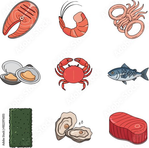 A collection of various fresh seafood items, including fish, shellfish, and crustaceans