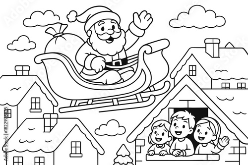 Santa's Rooftop Ride. Santa over rooftops children?s coloring book illustration, outlined drawing, Santa