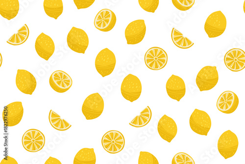 Lemons whole or cut slice seamless pattern. Different fruits juicy citrus boundless background. Decorative citron endless textured design for paper print, fabric textile, wrapper backdrop template