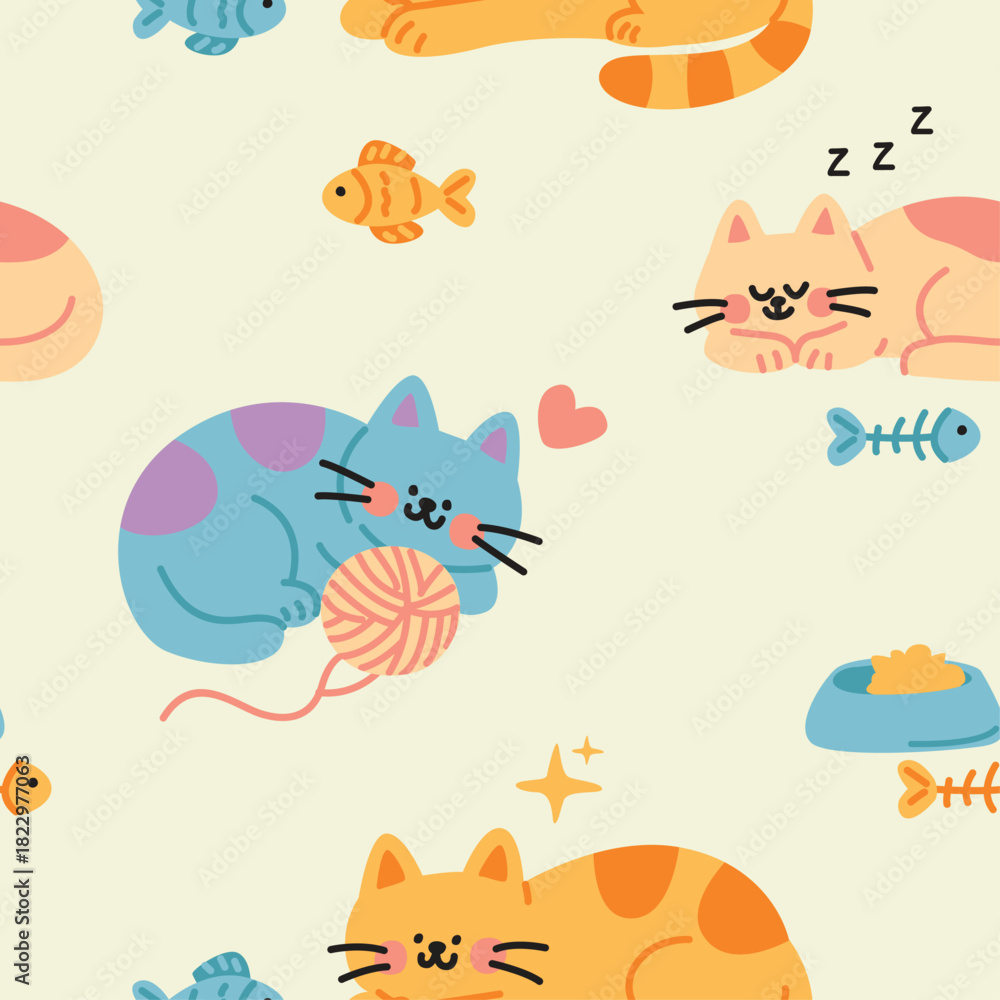 Naklejka premium Cute Cat Playing Yarn Illustration seamless pattern 