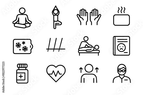 Self-Care Icons Grid. Self-care techniques icons. Line outline icon set of self-care techniques icons: