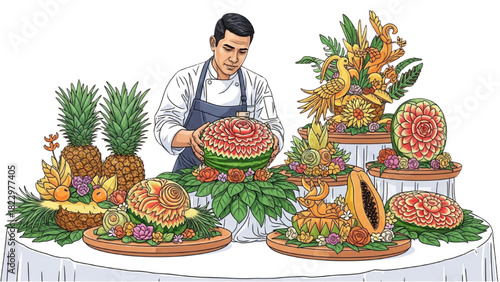 Banquet Fruit Carving Display – Black Outline Colorful Art of Professional Carver Decorating Table