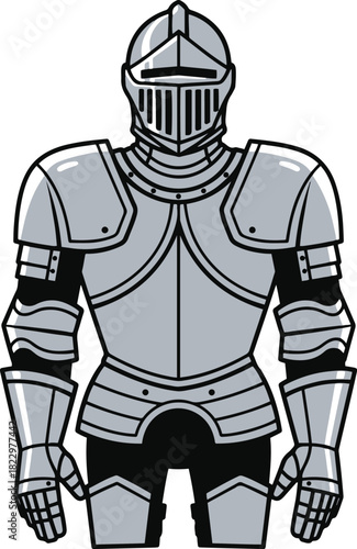 A flat vector illustration of a silver medieval knight's upper body armor, featuring a helmet with a vertical slit visor, heavy breastplate, and gauntlets,