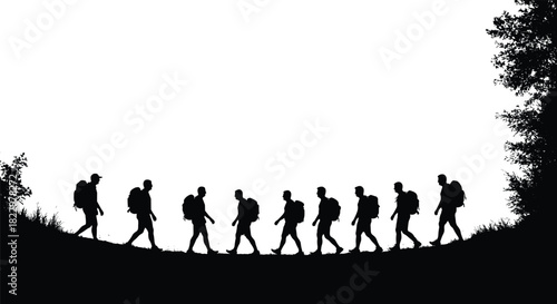 Group of hikers walking through forest trail, outdoor adventure silhouette, trekking illustration, mountain hiking team, nature travel exploration vector design