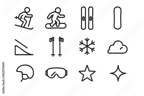Skiing Icon Set. Holiday Skiing Fun. Line outline icon set of Holiday Skiing Fun: skier, snowboarder, skis,
