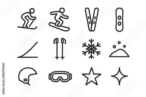 Skiing Icon Set. Holiday Skiing Fun. Line outline icon set of Holiday Skiing Fun: skier, snowboarder, skis,