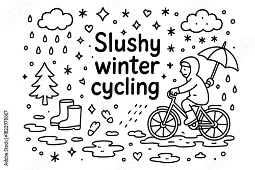 Slushy Winter Cycling. Slushy winter cycling. Hand-drawn doodle illustration of Slushy winter cycling. cyclist