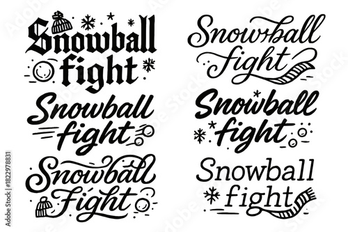 Snow Calligraphy Styles. Snowball fight. Create a calligraphy lettering illustration of the phrase: Snowball