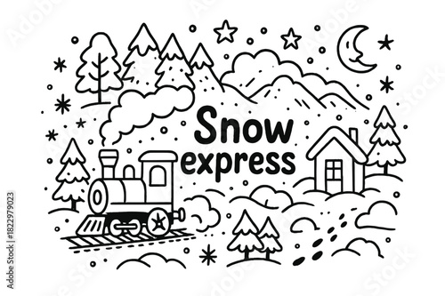 Snow Express Doodle. Snow express. Hand-drawn doodle illustration of snow express. Train engine, snowy trees,