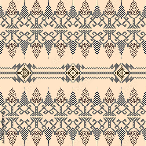 Black and brown pixel ethnic boho seamless pattern. Tribal pattern. Folk motif. Textile rapport. Cross-stitch vector design for wallpaper, rugs, curtains, crafts, and textiles.