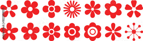 Set of 14 stylized red flower icons, petal variations, botanical shapes, floral design elements, nature illustration reference