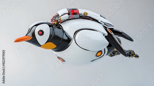 Robotic penguin with advanced technology and sleek design floating in a neutral colored environment