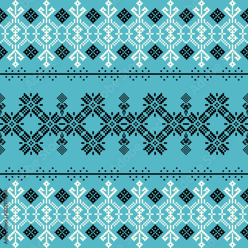 Christmas Fair Isle pattern design for fashion textiles, knitwear, and graphics and Mediterranean wallpaper. Pixel pattern. Cross-stitch vector design for wallpaper and textiles.