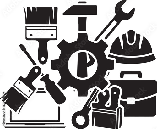 Collection of construction and repair tools and equipment arranged in a collage