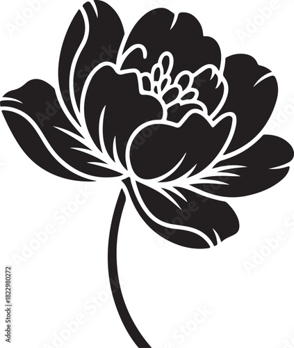 Black silhouette of a blooming peony flower with a stem